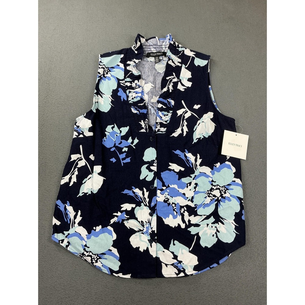 Ellen Tracy Blouse Womens Small Navy Bouquet Floral Ruffle Sleeveless Top